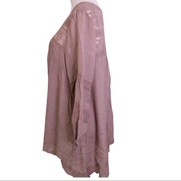 NWT Boho Mauve FLOWY 3/4 Sleeve Lace and linen Peasant Blouse Large Studio JPR - Picture 3 of 16